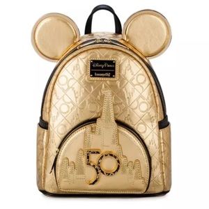 BRAND NEW Walt Disney World 50th Anniversary Leather Gold Loungefly Backpack